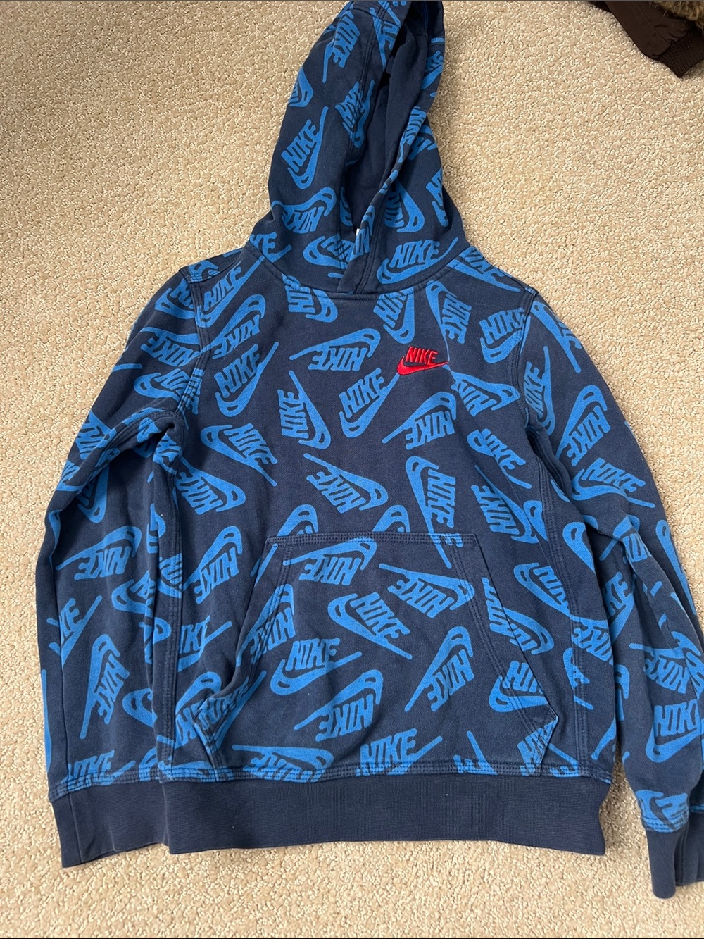 Nike Navy Hoodie with Bright Blue Logo Print and Red Accent